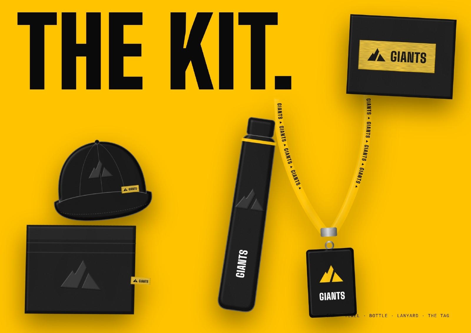 GIANTS kit concepts including a black cap, towel, bottle, yellow lanyard and mountain-logo tag