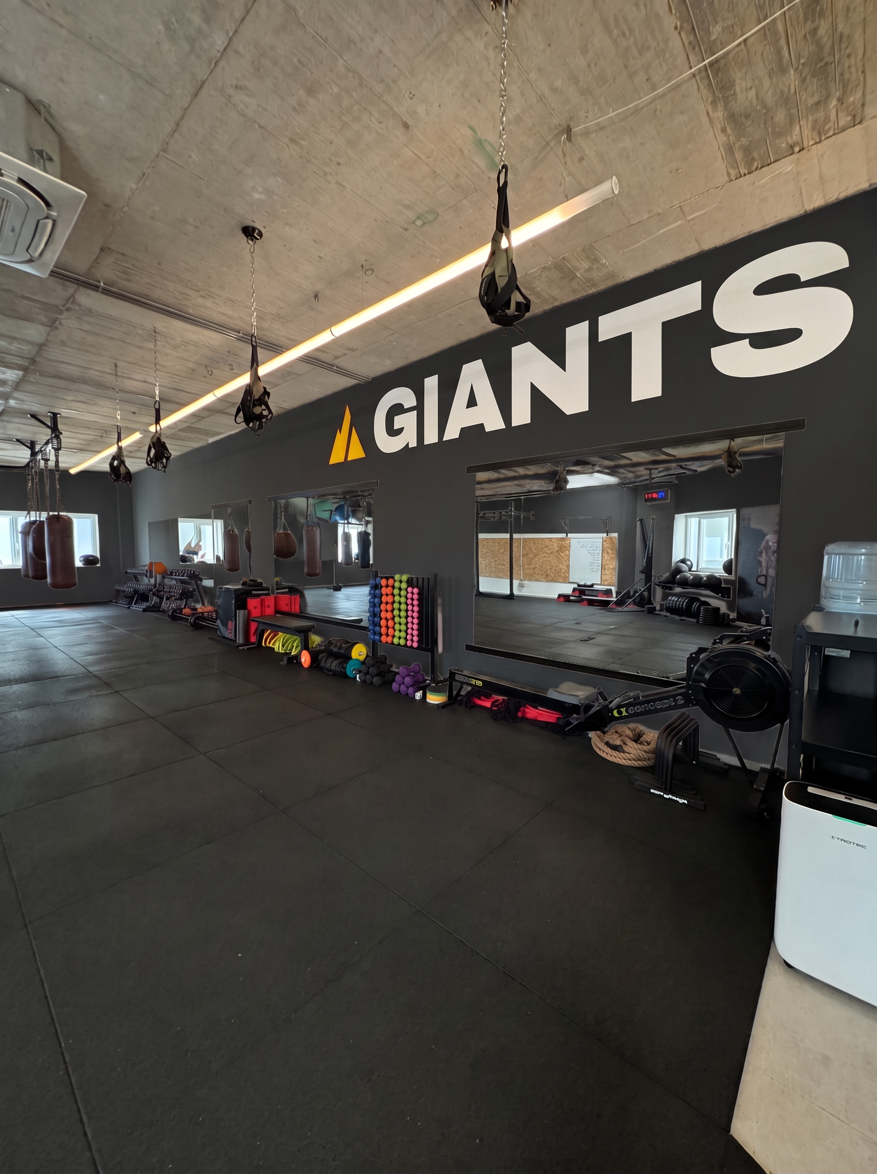The real GIANTS gym with mountain and GIANTS branding on the long wall